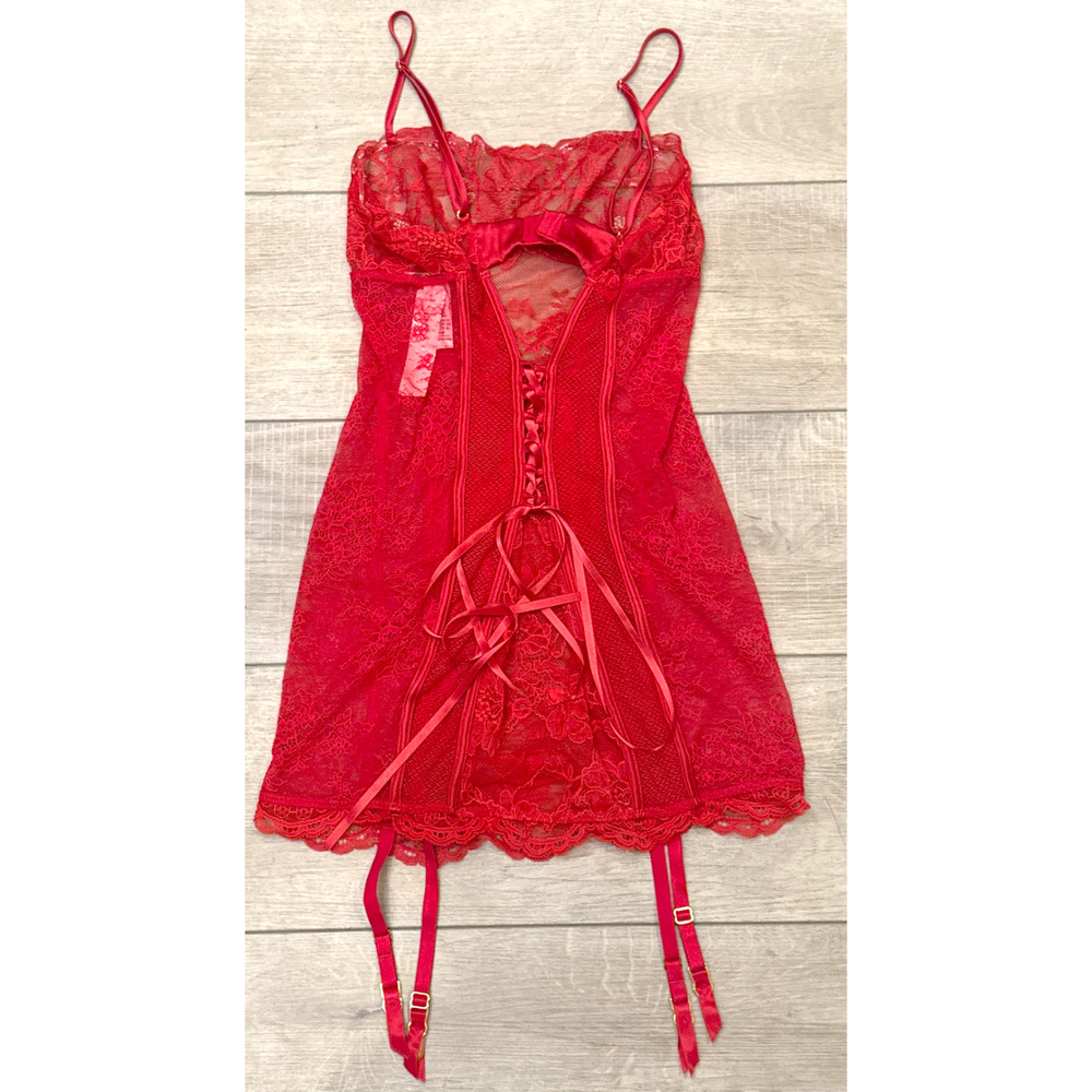NEW VICTORIA'S SECRET RED MIXED SHEER & LACE MINI SLIP DRESS GARTERS SIZE SMALL - Picture 3 of 13
